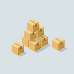 Fototapeta premium Isometric pile of cardboard boxes vector illustration. Moving / parcel delivery delay flat design concept.