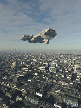 Spaceship Overflying a Future City - science fiction illustration