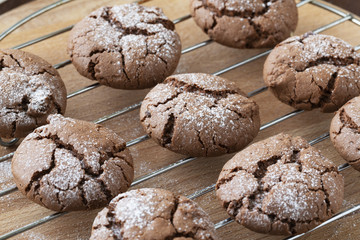 Chocolate chip cookies cooling on a rack. 
