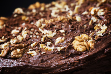 Homemade chocolate cake with nuts, rustic background, selective focus