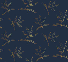 Golden hand drawn flowers on the dark blue background. Seamless pattern. 