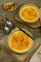 Creme brulee - traditional french vanilla cream dessert. Crema catalana. Homemade delicious vanilla cream dessert
