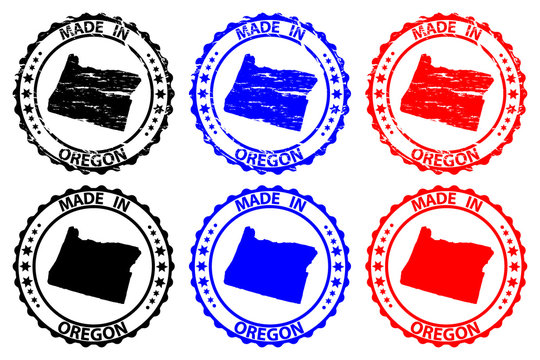 Made in Oregon - rubber stamp - vector, Oregon (United States of America) map pattern - black, blue  and red
