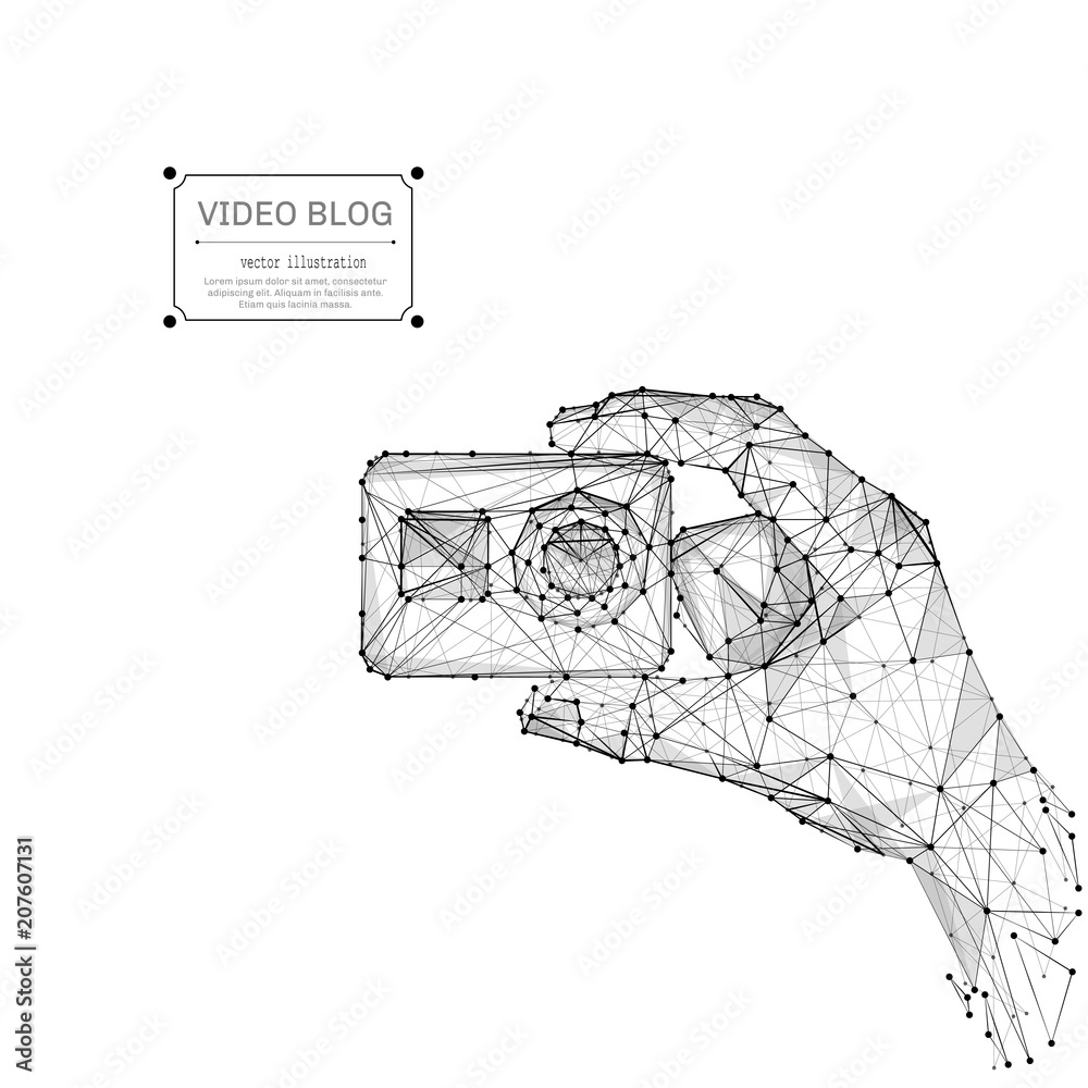 Aufkleber Abstract mash line and point vector action camera in hand origami on white background with an inscription. Black line construction.