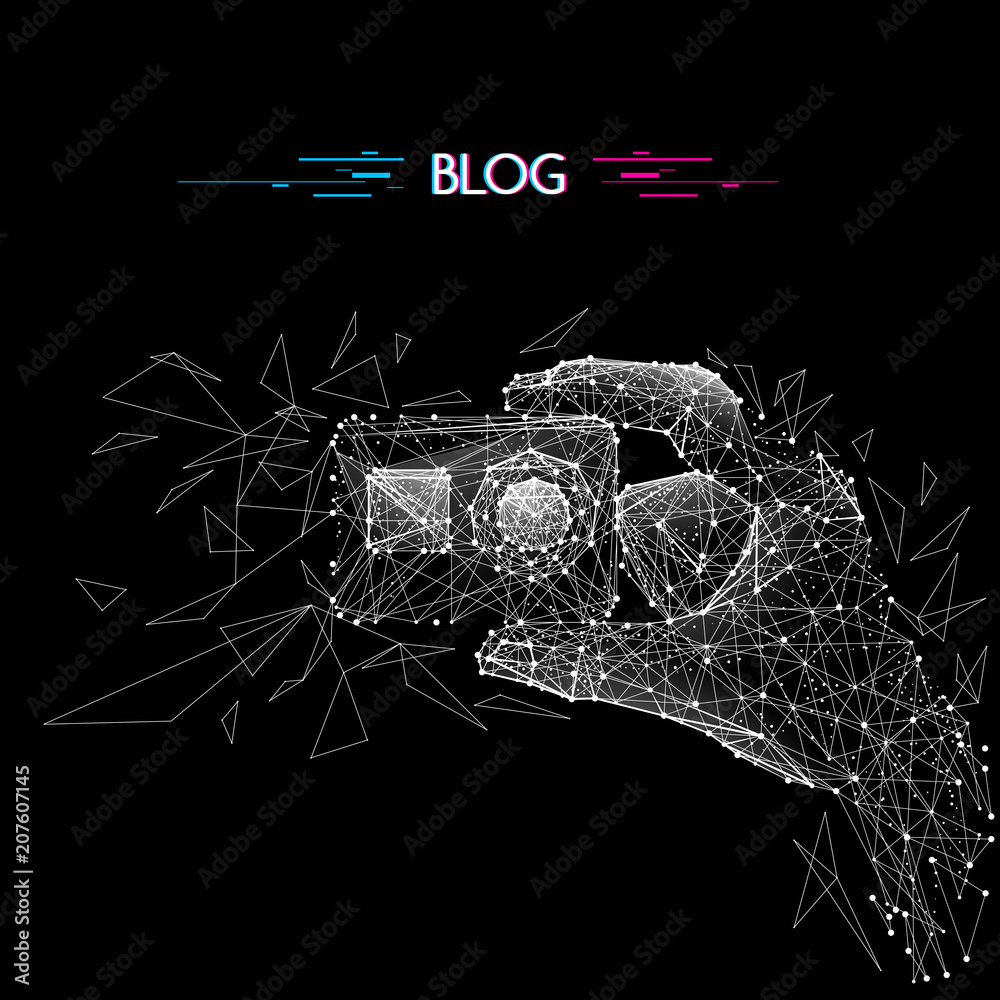 Aufkleber Abstract mash line and point vector action camera in hand origami on black background with an inscription. White line construction with distruction effect. With glitch title.