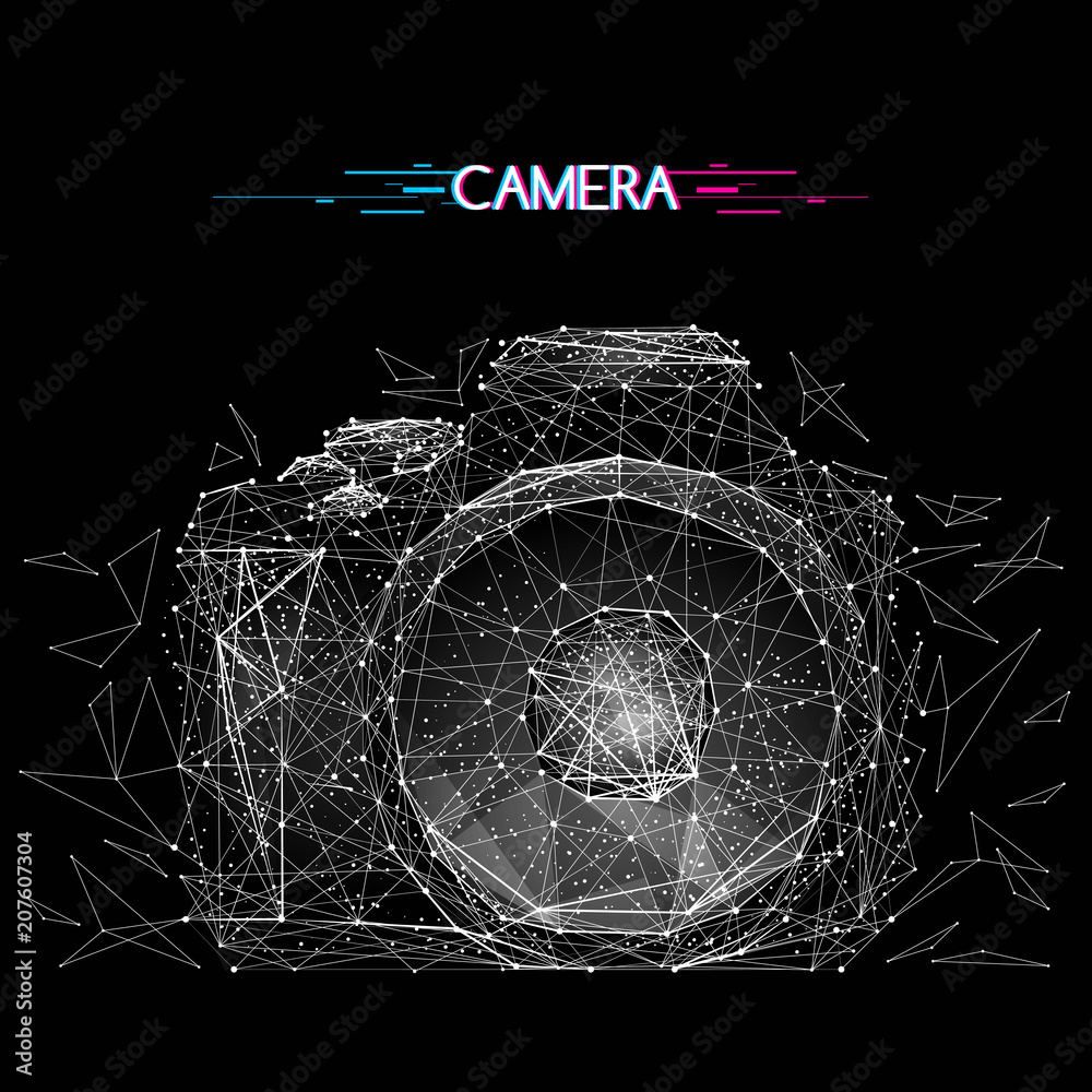 Poster Abstract vector image of camera with distruction effect. Low poly wire frame illustration white on black background. Lines and dots. Photo concept. Polygonal art. Glitch title.