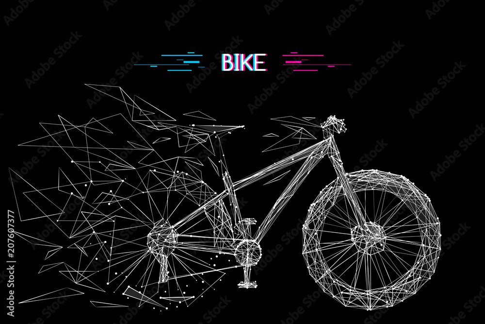 Poster Abstract mash line and point bicycle origami on white background with an inscription. Vector image of bike with distruction effect. Bicycle Low poly wire frame illustration. Glitch title.