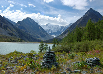 Ak-Kem valley with stone pyramids on foreground, Altai, Russia