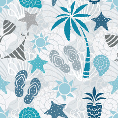 Fototapeta na wymiar Seamless pattern with sun, palm tree, pineapple, flip flop sandals, sea shell, bikini, swimsuits, starfish