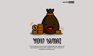 You Win Written with Happy Smiley Face Sack and Gold Coins Vector Line Illustration