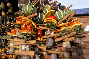 colorful Xmas decoretions with dry fruits to hang