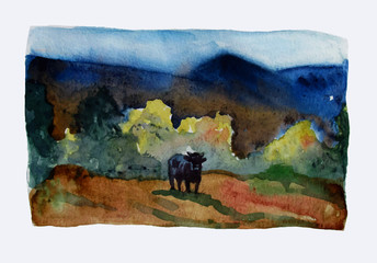 Valley. Watercolor landscape with a cow