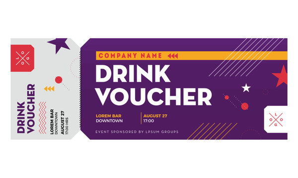 Drink Voucher Template. Vector background in Modern and Elegant Memphis style with Date and Time Text Box Template. Vector illustration