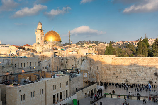 Jerusalem, Israel. A view of Temple Mount in the old city of Jerusalem, including the Western Wall and golden Dome of the Rock. 