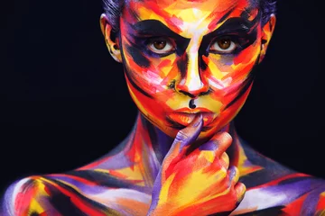 Poster Im Rahmen Portrait of the bright beautiful girl with art colorful make-up and bodyart © Mike Orlov