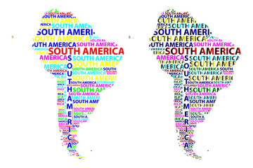 Sketch South America letter text continent, South America word - in the shape of the continent, Map of continent South America - color vector illustration