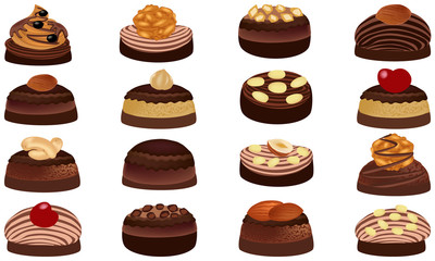 Chocolate and chocolate candies with nuts. Sweet candies isolated on white background. Vector illustration of chocolates.