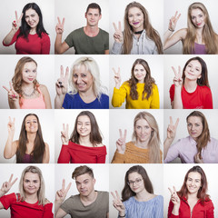 16 Portraits von Menschen die eine Peace Geste machen