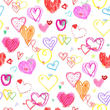Hand drawn multicolored hearts. Abstract background. Seamless texture. Line art. Set of love signs. Unique illustration for design. Line art creation