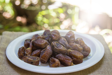 Dried date fruits on the plate a white on sackcloth background.