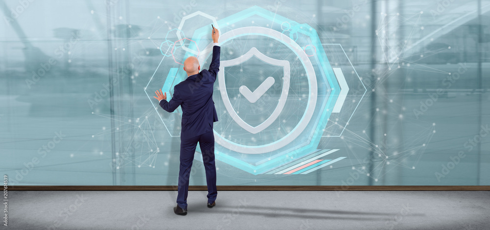 Poster man holding a shield web security concept 3d rendering