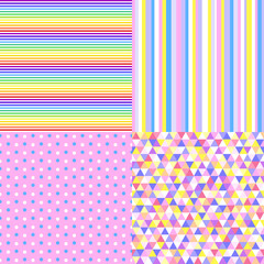 Set of seamless multicolored patterns. Geometrical background. Abstract geometric wallpaper of the surface. Striped texture. Print for polygraphy, posters, t-shirts and textiles. Doodle for design