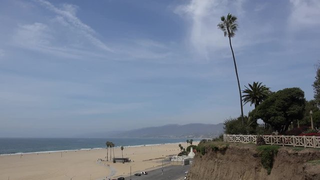 Scenic view of the  Santa Monica Beach and the coastal range from the Palisades Park. Los Angeles. California, USA