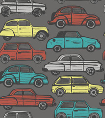 Fototapeta na wymiar Colored Pattern with Retro Cars in Hand-Drawn Style
