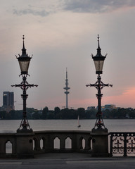 Looking at the Hamburg tv tower during sunset