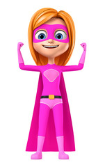 Cheerful girl in a superhero costume in pink shows muscles on a white background. 3d render illustration.