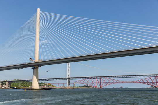Three bridges, Queensferry Crossing, Forth Road Bridge and Forth Bridge over Firth of Forth near Queensferry in Scotland