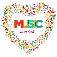 Colorful Music Quote notes background. Musical festival poster template. Inspirational motivational quotes about music. Vector Illustration. Lettering text - Music one love. 