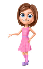 Girl in a pink dress points to a blank space on a white background. 3d render illustration.