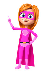Cheerful girl in a superhero costume in pink shows a finger on an empty space on a white background. 3d render illustration.