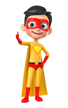 Boy in a yellow superhero costume shows his thumb up on a white background. 3d render illustration.