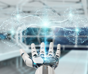 White humanoid hand using digital global network 3D rendering