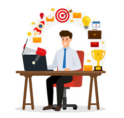 Concept Digital Marketing. Young Man Working on Laptop Isolated on White Background. Media Promotion, Social Network, SEO. Vector Illustration.