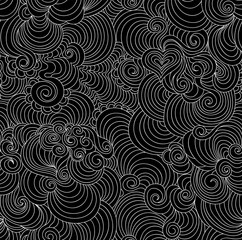 Beautiful decorative vector endless seamless pattern with curling lines, hearts, figured lacy shapes, ornamental doodles