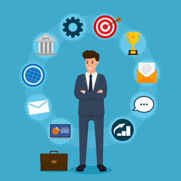 Business concept. Businessman standing in circle icons. Business character. Vector illustration. Flat design.