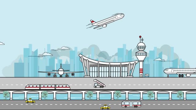 simple footage of busy airport with airplane take off , landing and parking include transportation around the airport