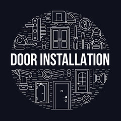 Doors installation, repair banner illustration. Vector line icons of various door types, handle, latch, lock, hinges. Circle template with thin linear signs for interior design shop, handyman service.