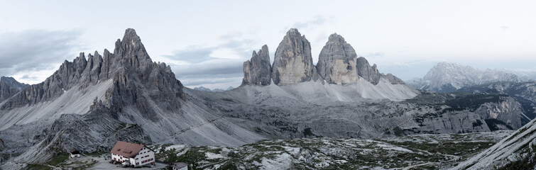 Foggy morning scene in the National Park Tre Cime di Lavaredo with rifugio Lacatelli. Dolomite Alps, South Tyrol. Location Auronzo, Italy, Europe.