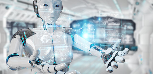 White woman cyborg using digital datas interface 3D rendering