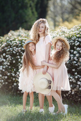 The older sister and her two younger sisters spend time outdoors in a beautiful Park with flowering shrubs. Three sisters in pale pink dresses with straw hats in their hands on a background of flowers