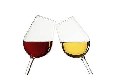 Two glasses with red and white wine on white isilated background