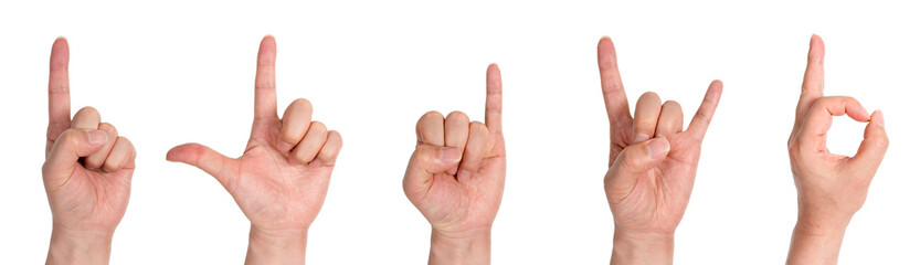 Man finger gesture collection on white background.