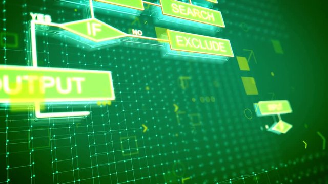 A holographic 3d rendering of computer algorithms flowing in the dark green background placed aslant with tablets, lines, spots and such words as check, calculate and exit. 
