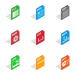 File label icons set. Isometric 3d illustration of 9 file label vector icons for web