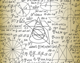Scientific mathematical vector seamless pattern with handwritten formulas, geometrical figures and equations, shuffled together. Old paper effect