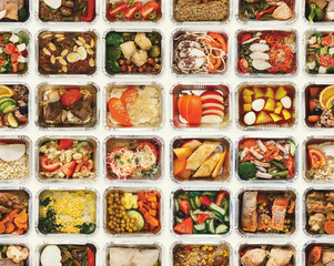 Set of take away food boxes at white background